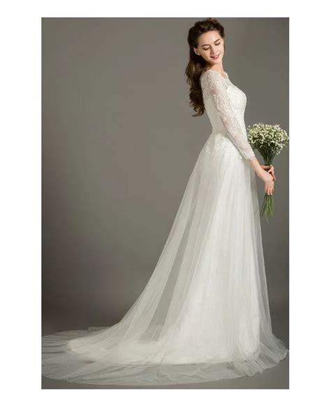 Modest A Line Scoop Neck Sweep Train Tulle Wedding Dress With Long Lace