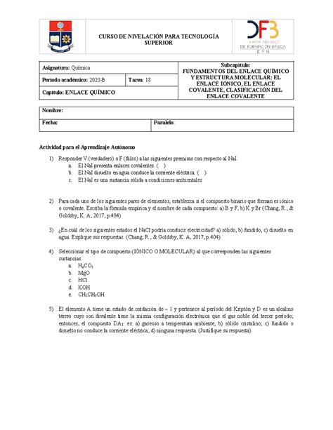 Enlace Químico Tarea Encontrar Los Tipos De Enlaces Quimicos Curso De NivelaciÓn Para