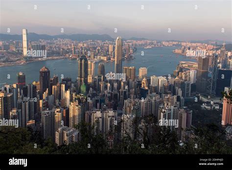 Panoramic View Of Victoria Harbour Hong Kong From Lugard Road Peak