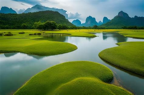 Premium Photo A Landscape Of Green Fields With Mountains In The