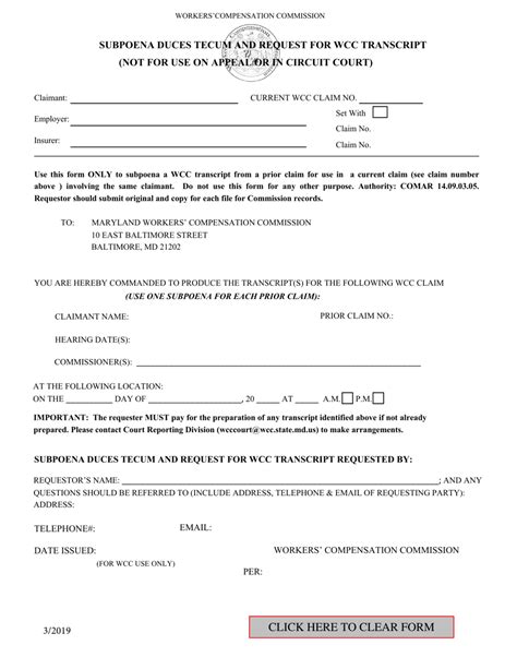 Maryland Subpoena Duces Tecum And Request For Wcc Transcript Fill Out