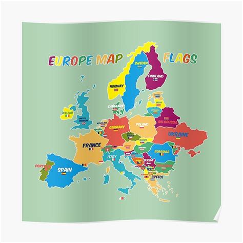 Póster Colorido mapa de Europa con banderas nacionales nombres de