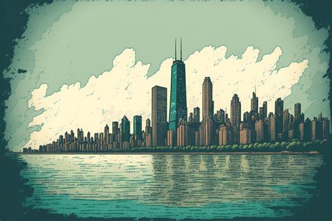 City Landscape Hand Drawn Illustration Color Panorama, Retro Style Stock Illustration ...