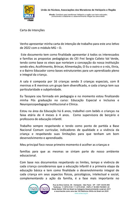 Exemplo De Carta De Inten Es Educa O Infantil Braincp