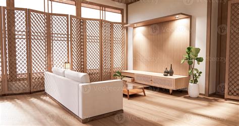 The Wooden interior design,zen modern living room Japanese style.3D ...