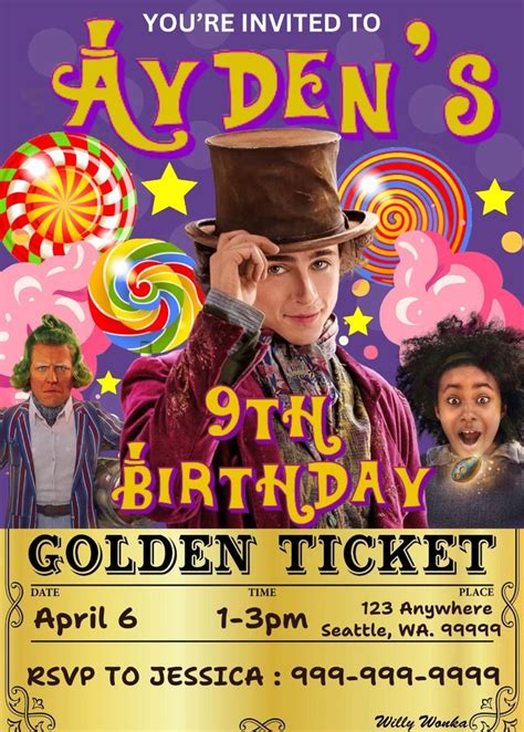 Willy Wonka Theme Party Invitation Customize Golden Ticket Invite