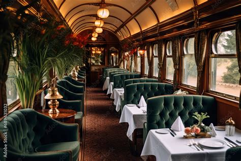 A luxurious dining car on a classic train - offering passengers a fine dining experience in an ...