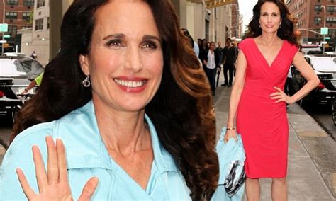 Andie Macdowell Strips Off Blue Trench Coat To Reveal Red Dress Daily Mail Online