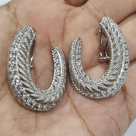 Qvc Judith Ripka Sterling Diamonique Textured Half Hoop Earrings Ebay