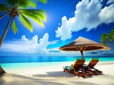 Two Lounge Chairs Under An Umbrella On A Tropical Beach Image Design