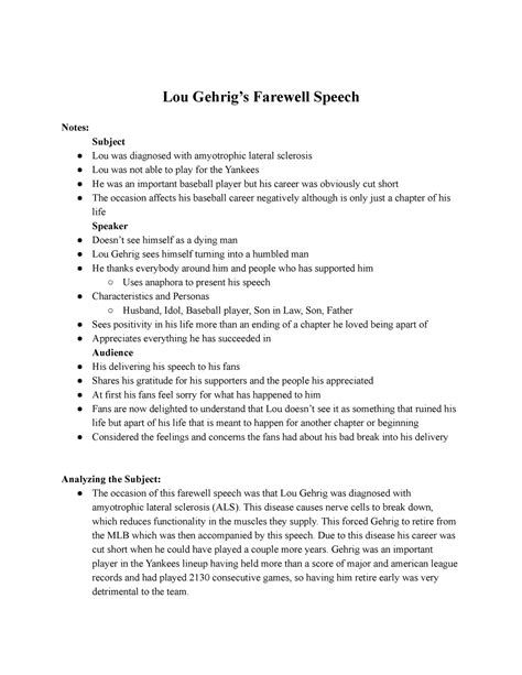 Ap Lang Lou Gehrigs Farewell Speech Notes Lou Gehrigs Farewell