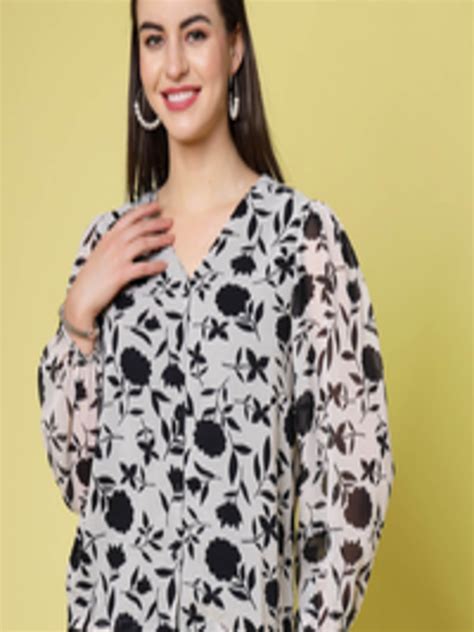 Buy Pluss White Floral Printed V Neck Puff Sleeve Shirt Style Top