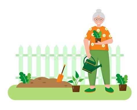 Old Woman With Plants In The Garden Stock Vector Illustration Of