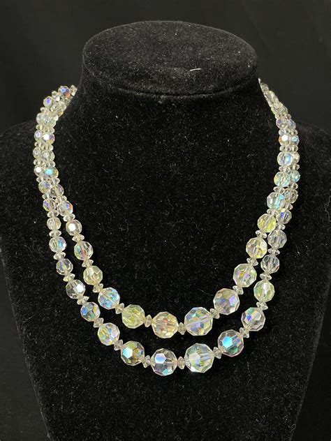 Vintage 1950sdouble Strand Aurora Borealis Crystal Necklace