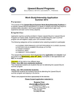 Fillable Online Fresnostate Work Study Internship Application Summer