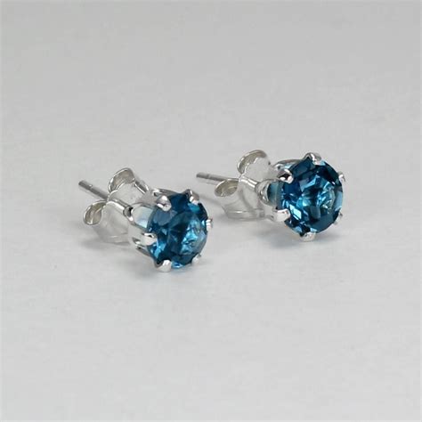 Genuine London Blue Topaz Stud Earrings 925 Sterling Silver Topaz