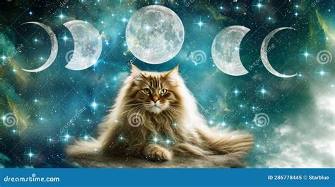 Beautiful Mystic Cat With Moon And Stars In Artistic Mystical Style