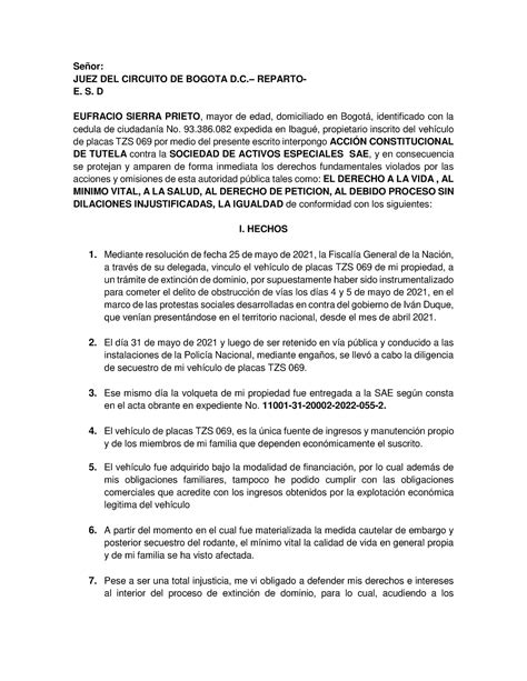 Tutela SAE Señor JUEZ DEL CIRCUITO DE BOGOTA D REPARTO E S D