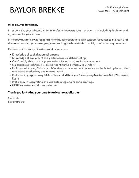 Manufacturing Operations Manager Cover Letter Velvet Jobs