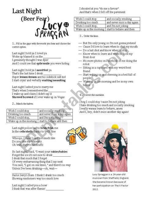 Song - Last Night by Lucy Spraggan - ESL worksheet by elghör