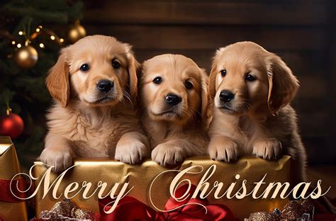 Merry Christmas Cute Golden Retriever Puppies Stock Image