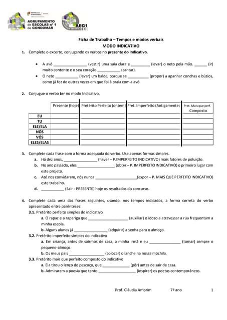 Ficha De Trabalho Verbos Conjugação 7º Pdf