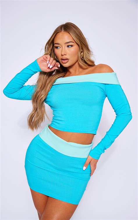 Bright Blue Stretch Fold Over Bardot Top Prettylittlething Ie