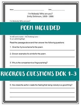 Emily Dickinson I M Nobody Who Are You Questions By ELA Ninja TPT