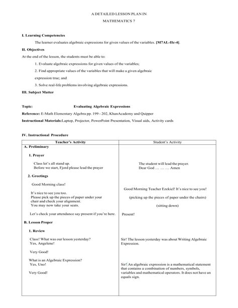 Algebraic Expressions Lesson Plan Evaluating Variables