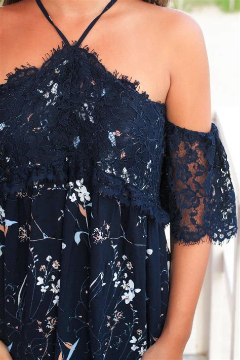 Navy Floral Halter Neck Top With Lace Sleeves Cute Tops Saved By