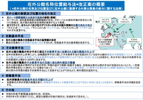 【第211回通常国会法案解説シリーズ17】在外公館の名称及び位置並びに在外公館に勤務する外務公務員の給与に関する法律の一部を改正する法律案