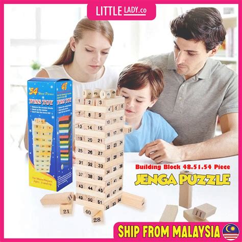 54 Pcs Wooden Number Stacking Blockjenga Tower Toy With Dice For Kids