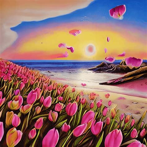 Pink And Gold Beach Sunset Pink Tulips Emu Intricate Detail Surrealism