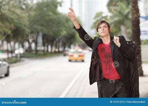 Man Hailing A Cab Stock Image Image Of Outside Outdoors