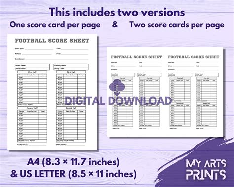 Football Score Sheet Printable Instant Download PDF American Football ...