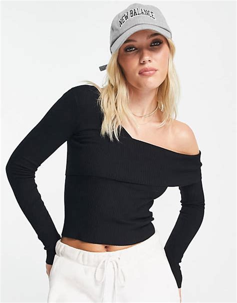 Miss Selfridge Asym Knit Rib Bardot Top In Black Asos