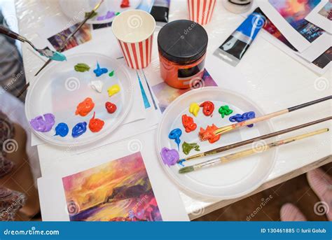 Palettes Brushes Paint And Cups Stock Image Image Of Accessory