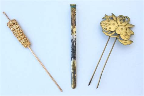 Three Chinese Gilt Hair Pins Including Early Pin Of Rectangular