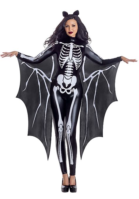 Sexy Womens Skeleton Bat Jumpsuit Costume With Attached Wings Bat