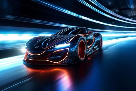 Premium AI Image Futuristic Sports Car Leaving Neon Light Trails On