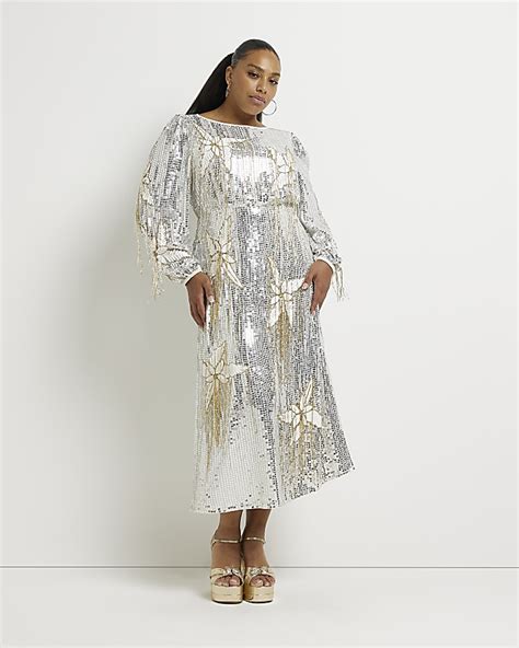 Plus Silver Sequin Maxi Dress River Island