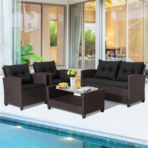 Gymax 4PCS Outdoor Conversation Set Patio PE Rattan Set W Glass Table