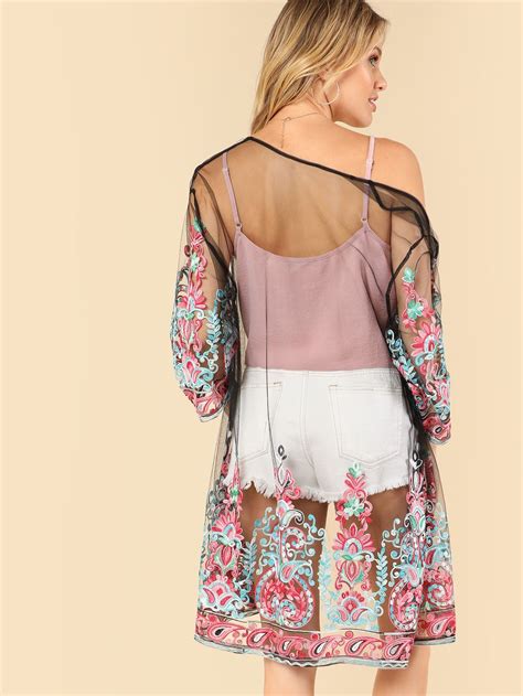 Embroidered Sheer Mesh Longline Kimono Sheinsheinside Kimono Fashion