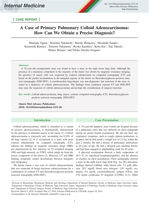 Pdf A Case Of Primary Pulmonary Colloid Adenocarcinoma How Can We Obtain A Precise Diagnosis