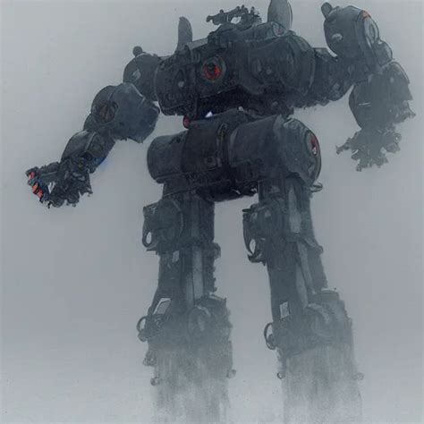 Gigantic Mecha Walking Dense Fog Jakob Rozalski Stable Diffusion