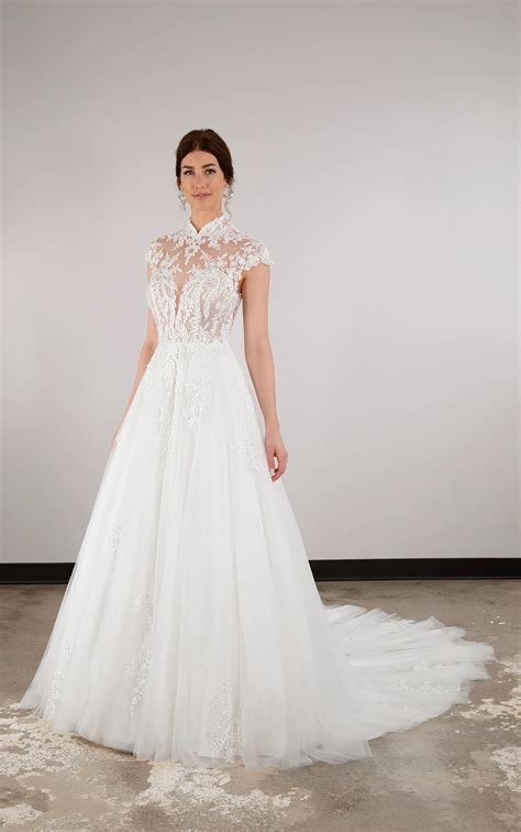 Lacy A Line Wedding Dress With High Illusion Neckline