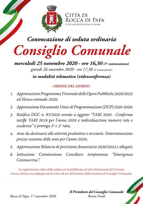 Convocazione Del Consiglio Comunale Del 25 11 2020 Comune Di Rocca Di