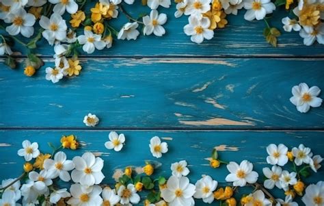 Un Fondo De Madera Azul Con Flores Blancas Foto Premium