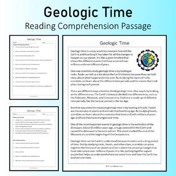 Geologic Time Reading Comprehension Passage Printable Worksheet TPT