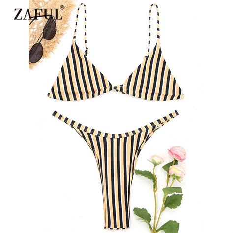 ZAFUL New Swimsuit Bralette Striped Thong Bikini Set Women S Swimsuit